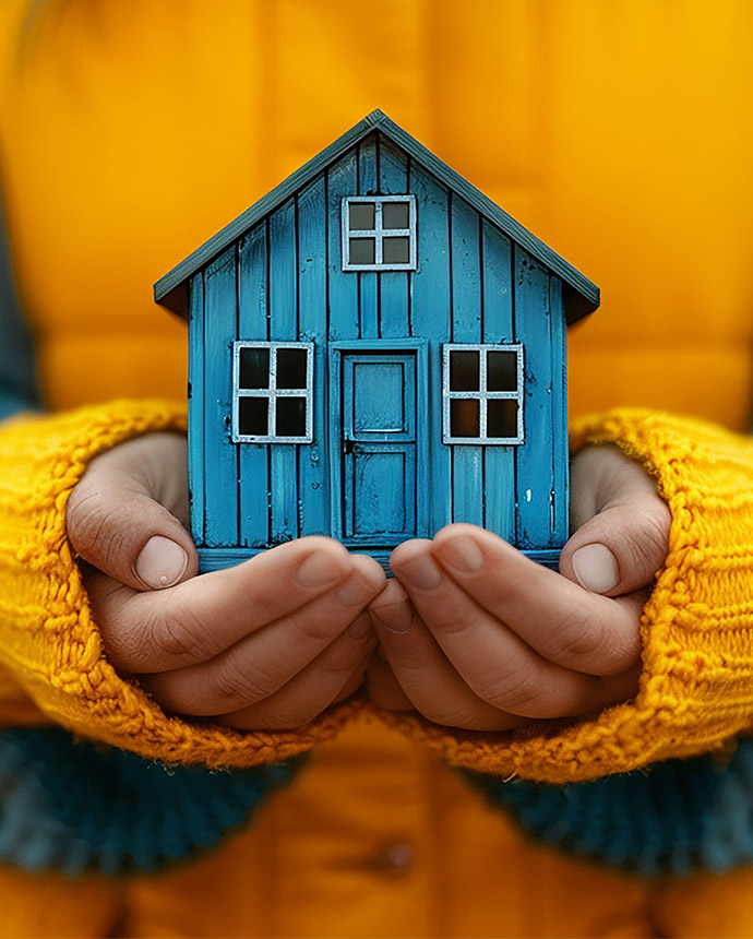 Zwei behandschuhte Hände halten ein kleines, blaues Modellhaus. Dieses Bild symbolisiert den Schutz und die Absicherung, die eine Wohngebäude- und Hausratsversicherung bei Voigt Versicherung bietet. Vertrauen Sie auf unsere Expertise, um Ihr Zuhause optimal abzusichern.